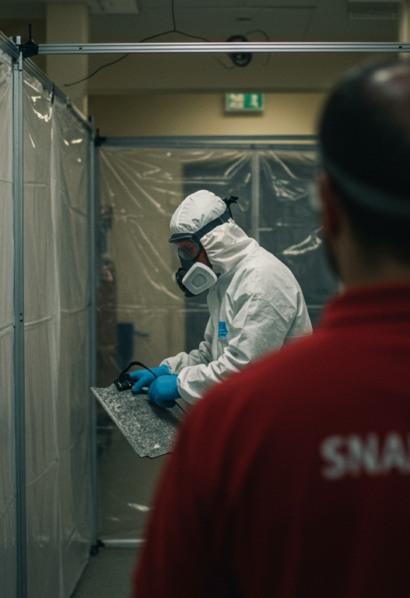 Technicien SNADEC en polo rouge avec équipement de pulvérisation dorsal dans un couloir de confinement protégé.